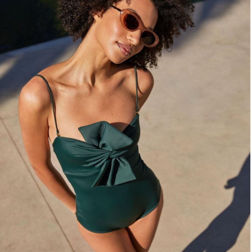 Juan De Dios Malaga Luxurious Bow One-Piece Swimsuit Dark Green SZ 4